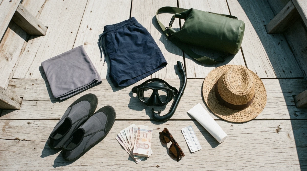 Dry bag, reef-safe sunscreen and water shoes laid out on a boat deck rail, the real packing kit for a Phuket boat tour, Thailand
