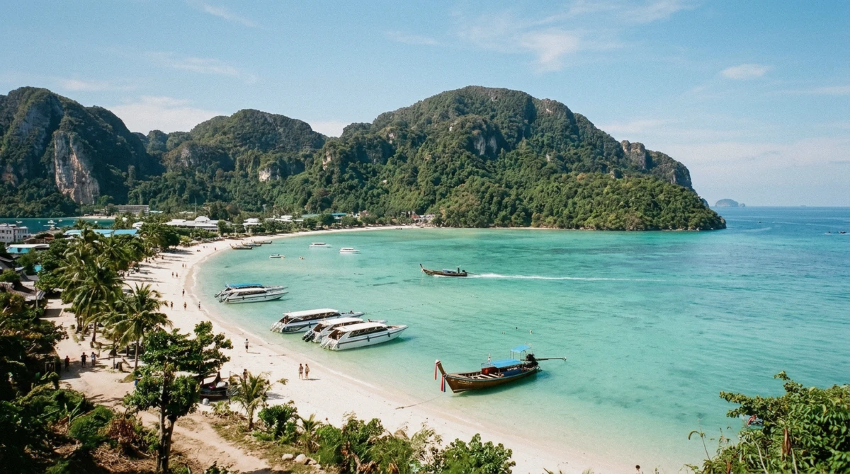 Longtail boats anchored in the sheltered bay off Tonsai Pier, Phi Phi Don, the only island the Phuket to Phi Phi ferry actually reaches